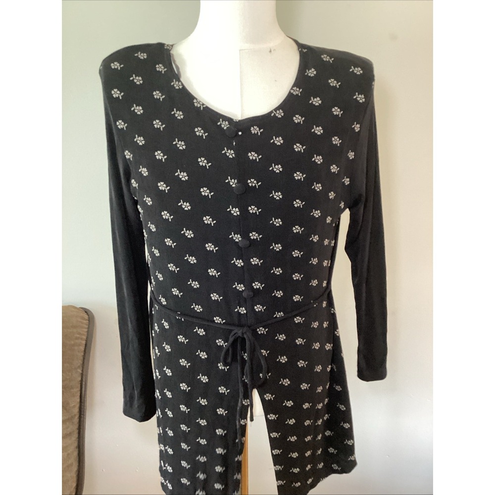 Vtg Epix Black Floral Blouse Button Tie Long Sleeve Size Large Classy